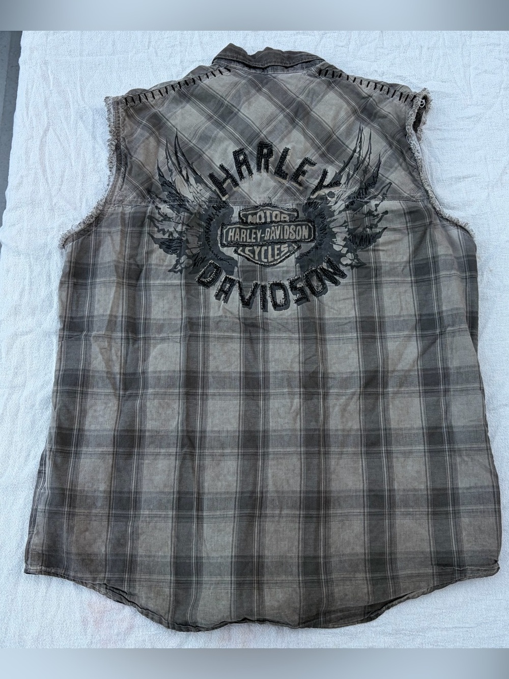 Harley Davidson Faded Plaid Blowout Sleeveless Brown Button Down Shirt